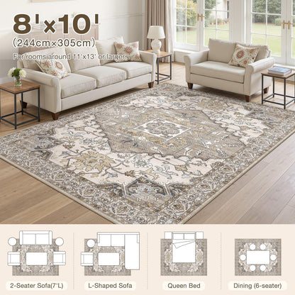 ELLIUNE 8x10 Area Rugs for Living Room: Non Slip Neutral Washable Brown Rug, Soft Stain Resistant Indoor Floor Carpets for Bedroom Dining Decor Farmhouse Home Office Kid & Pet Friendly