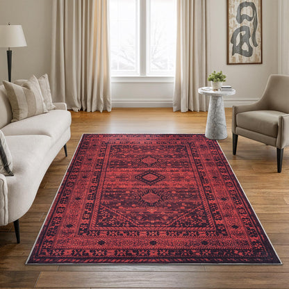 Bloom Rugs Washable Non-Slip 5' x 7' Rug - Red Traditional Bordered Area Rug for Living Room, Bedroom, Dining Room, and Kitchen - Exact Size: 5' x 7'