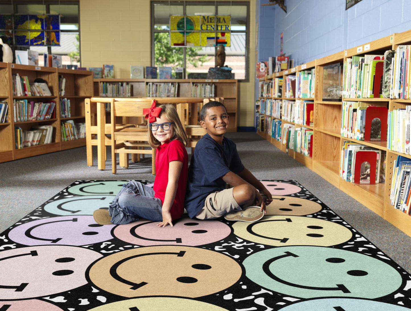 Flagship Carpets Pastel Rainbow Smileys on Notebook Educational Area Rug for Kids Room Seating Décor, Children's Classroom, Play Carpet for Teaching and Playroom, 7'6" x 12', Multi