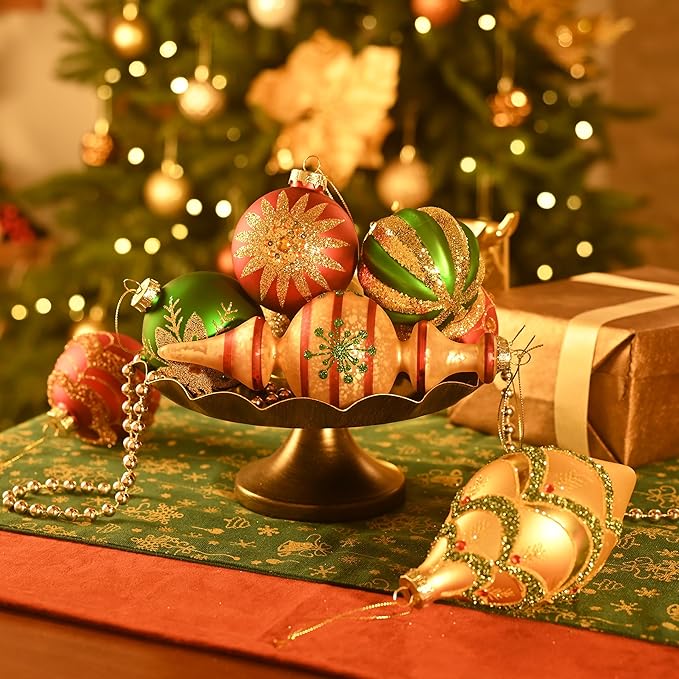 Valery Madelyn Glass Christmas Ornaments Set, 10ct Medium Red Green Gold Mercury Blown Glass Christmas Tree Ball Decorations, Luxury Hanging Teardrop Finial Faceted Reflector Decor