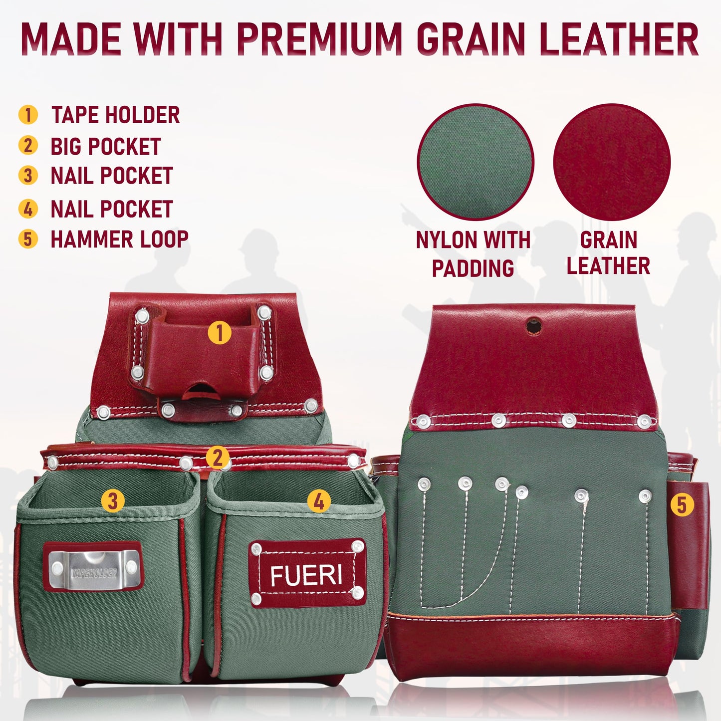 FUERI Carpenter Tool Belt made with Nylon & Grain Leather comes with Adjust to fit Padded Belt, Pouches with multiple pockets, Suspender loops, and a Hammer Holder (Best Gift for your father)
