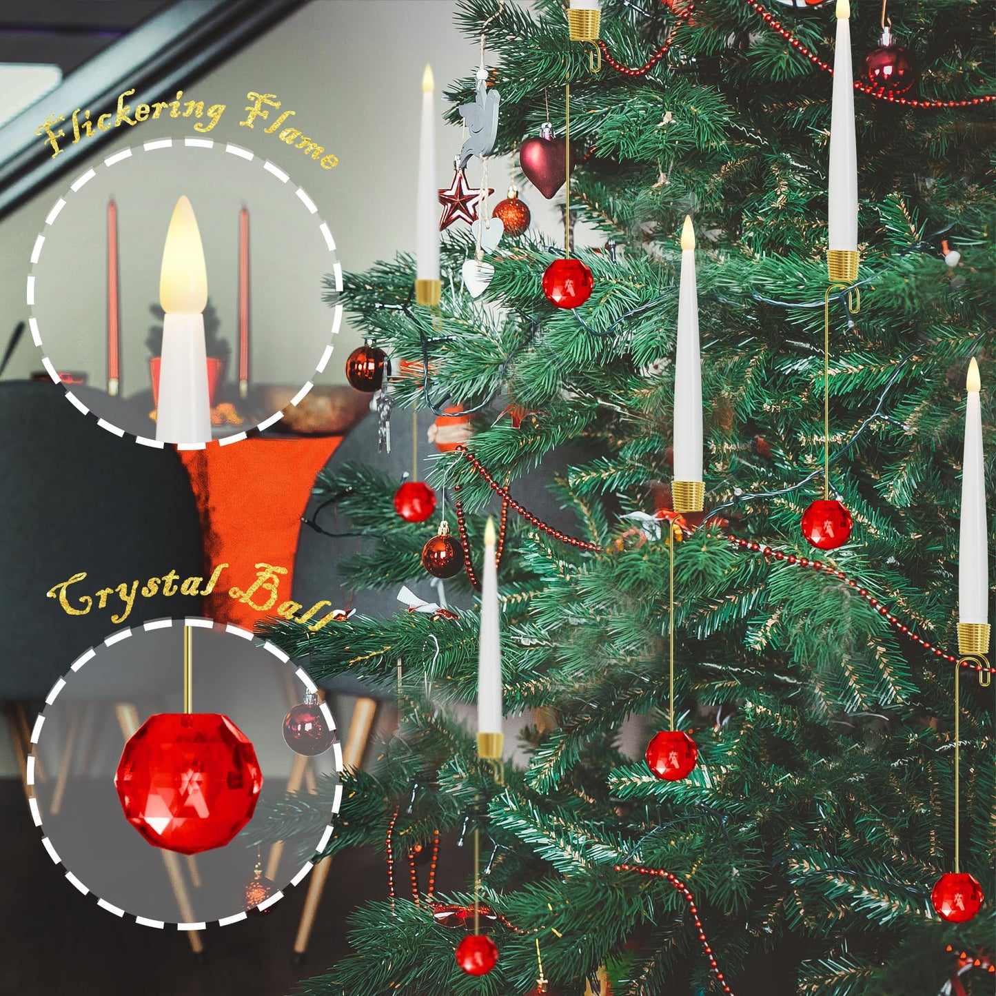 JOIONE Flameless Christmas Tree Candles with Remote, 12 Pack Battery Operated LED Candles for Christmas Tree Flickering Flame for Xmas Indoor Decor - Glass Red Crystal Ball