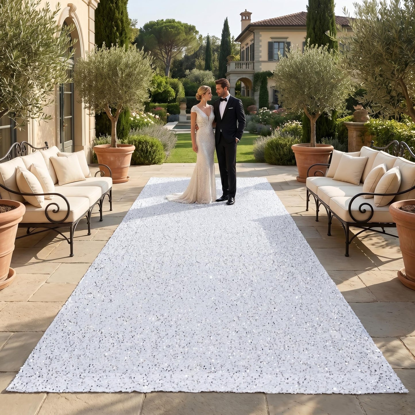 PartyDelight White Sequin Velvet Carpet Runner for Party 4FTx15FT Carpet Sparkly Rug for Indoor Outdoor Weddings Engagement Decoration