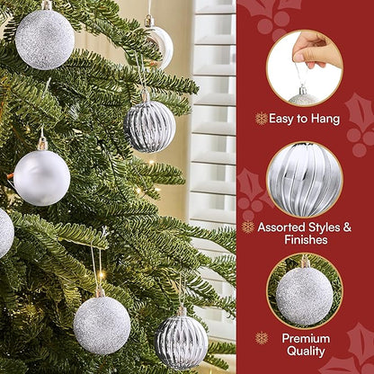 JOIEDOMI 24 Pcs Silver Christmas Balls Ornaments, 2.36" Christmas Tree Ornaments Set, Shatterproof Xmas Balls Hanging Decorations for Tree Wreath Garland Holiday Wedding Indoor Party Decor