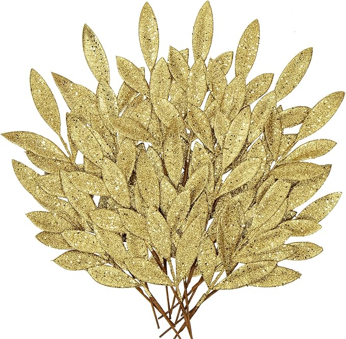 DILATATA 20 Pcs Christmas Glitter Bay Leaves 11" Gold Artificial Glitter Leaf Spray Christmas Tree Picks for Xmas Wreath DIY Garland Home Decor - Gold