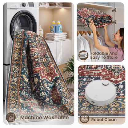 Rugland 8x10 Area Rugs - Stain Resistant Washable Rug, Anti Slip Rugs for Living Room, Vintage Tribal Area Rugs(Medallion 01-Rust/Blue, 8'x10')