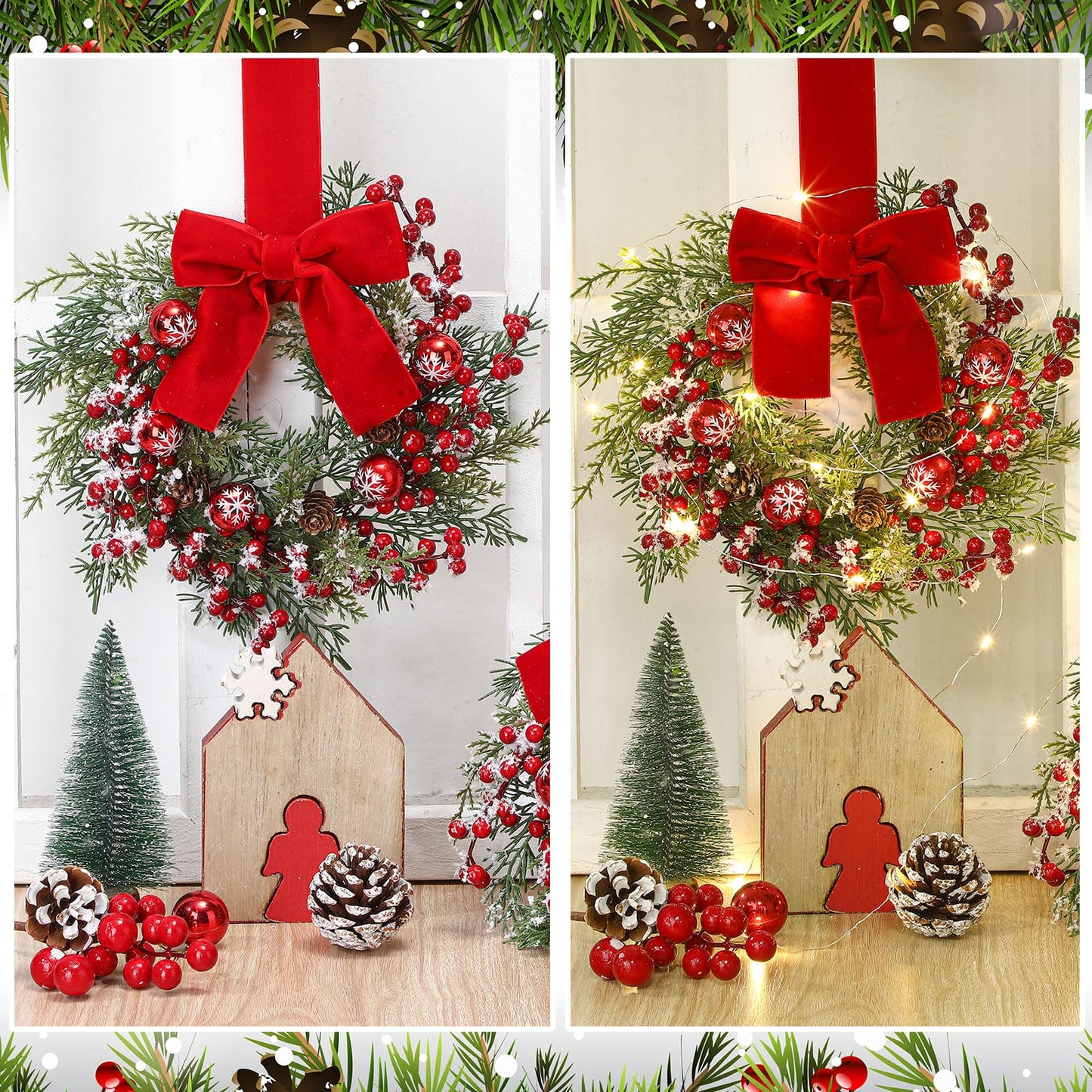 Hoteam 4 Pcs 9 Mini Decor Wreaths Small Cabinet Wreath with Rustic Bow Outdoor Decorations for Porch Window Farmhouse Decor(Bells and Red Berries)