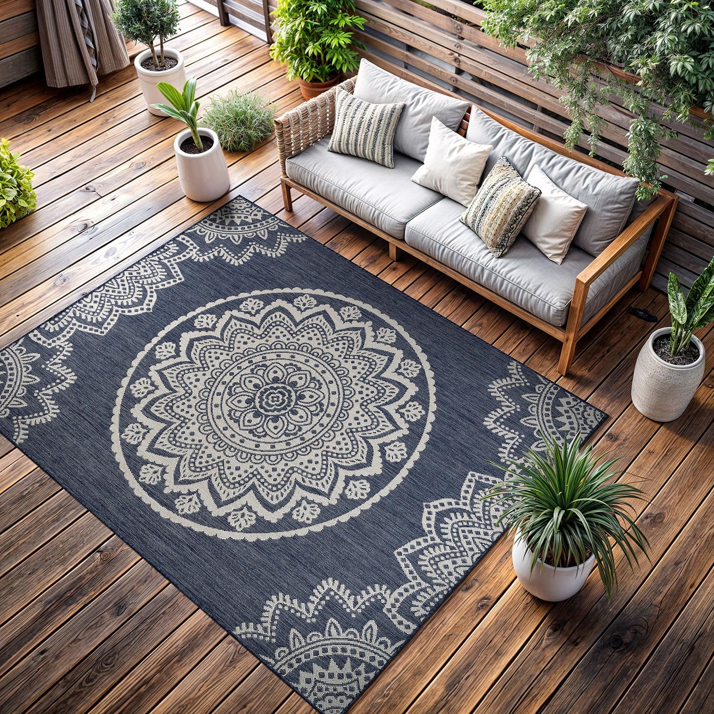 CAMILSON Outdoor Rug 5x7 Modern Area Rugs for Indoor and Outdoor Patios and Porches - Waterproof, Washable, Non-Shedding, Easy-to-Clean Outside Carpet (5 x 7, Medallion - Blue/White)