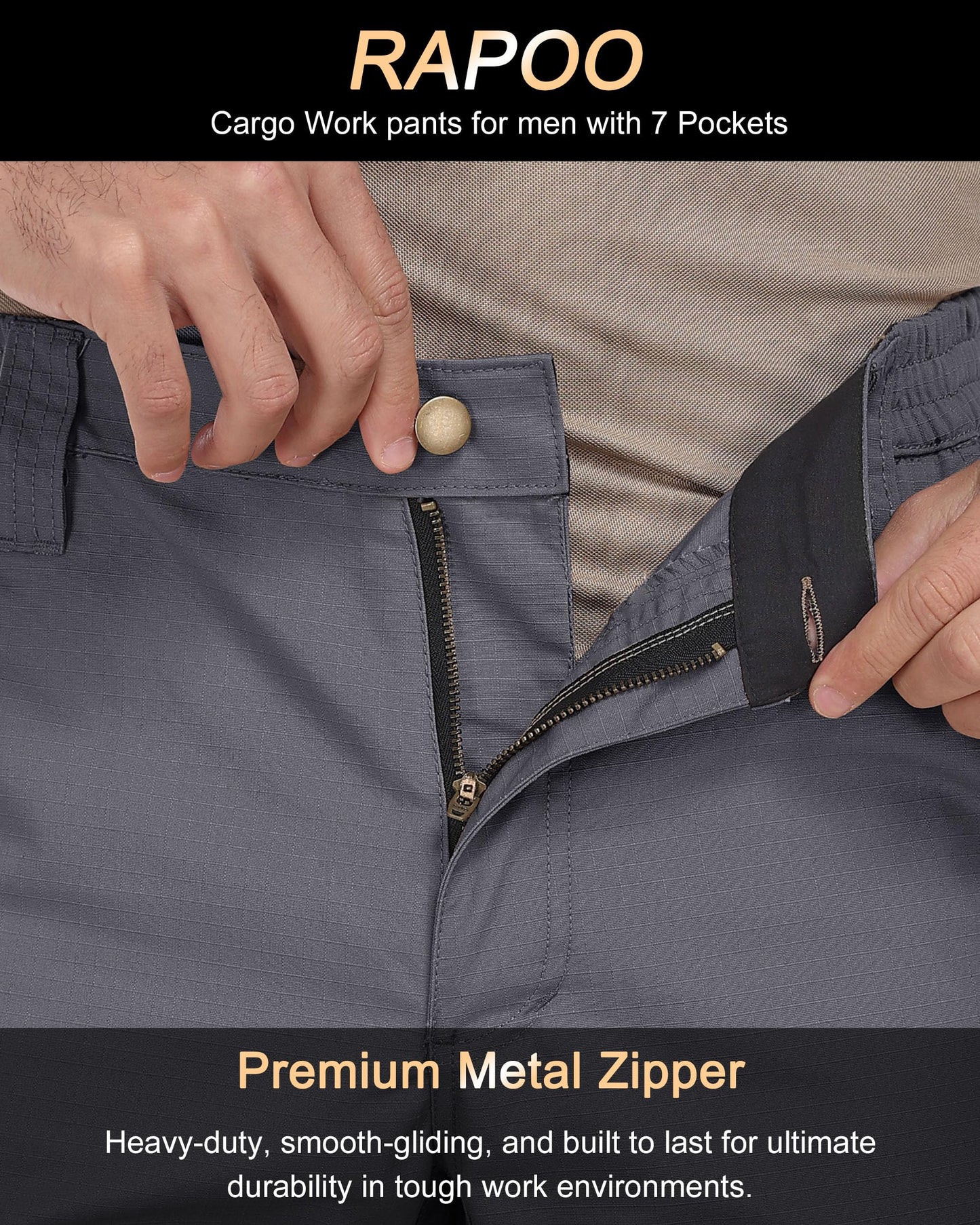 Rapoo Tactical Pants for Men Cargo Working Fishing Hiking Pants for Men with Multi Pockets Elastic Waist Mens Ripstop Construction Carpenter Pants Grey 40Wx30L
