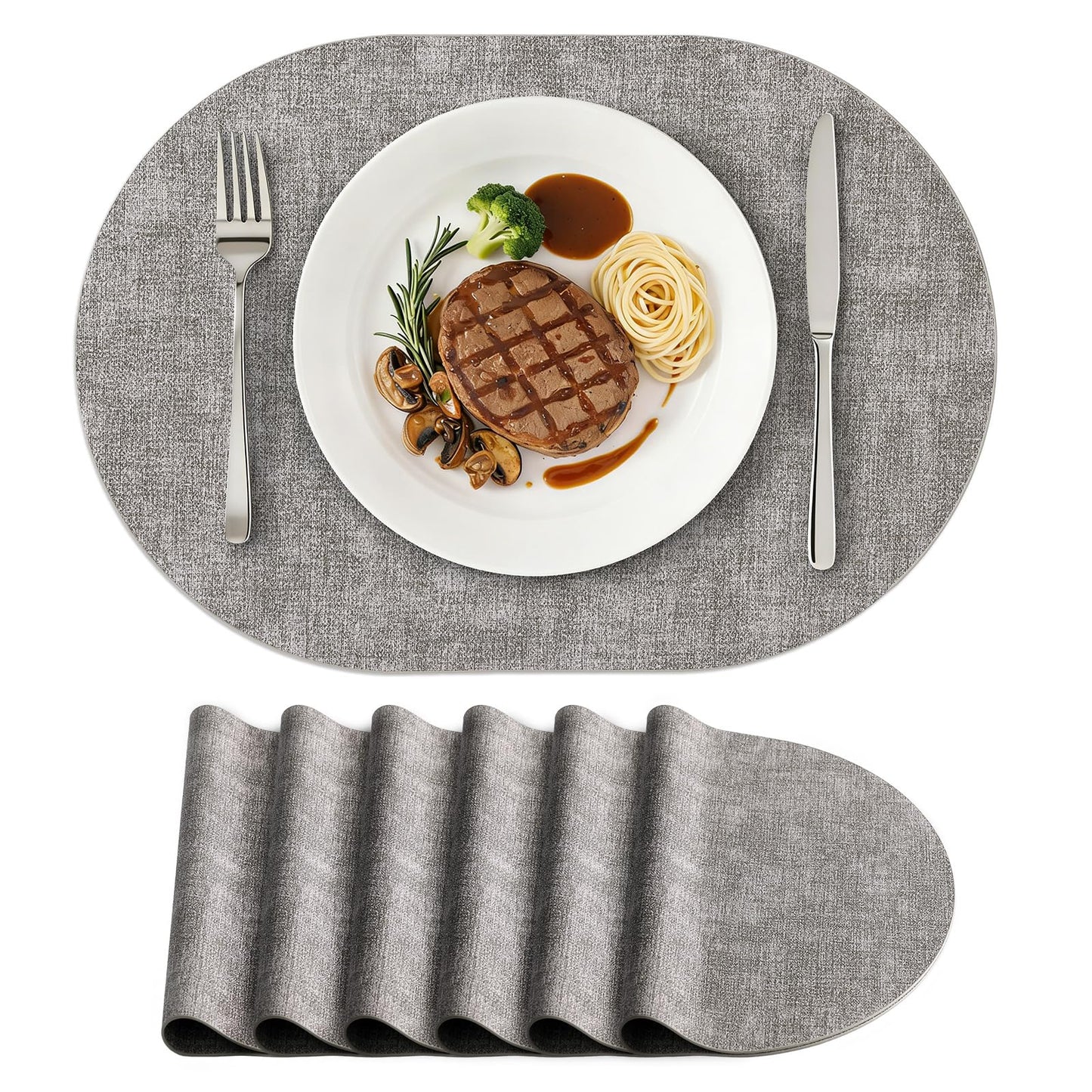 homing Placemats Set of 6, Heat Resistant Oval Faux Leather Place Mats 11.8 x 17 Inch, Waterproof Wipeable Reversible PU Placemat for Kitchen Dining Table, Indoor & Outdoor, Light Grey
