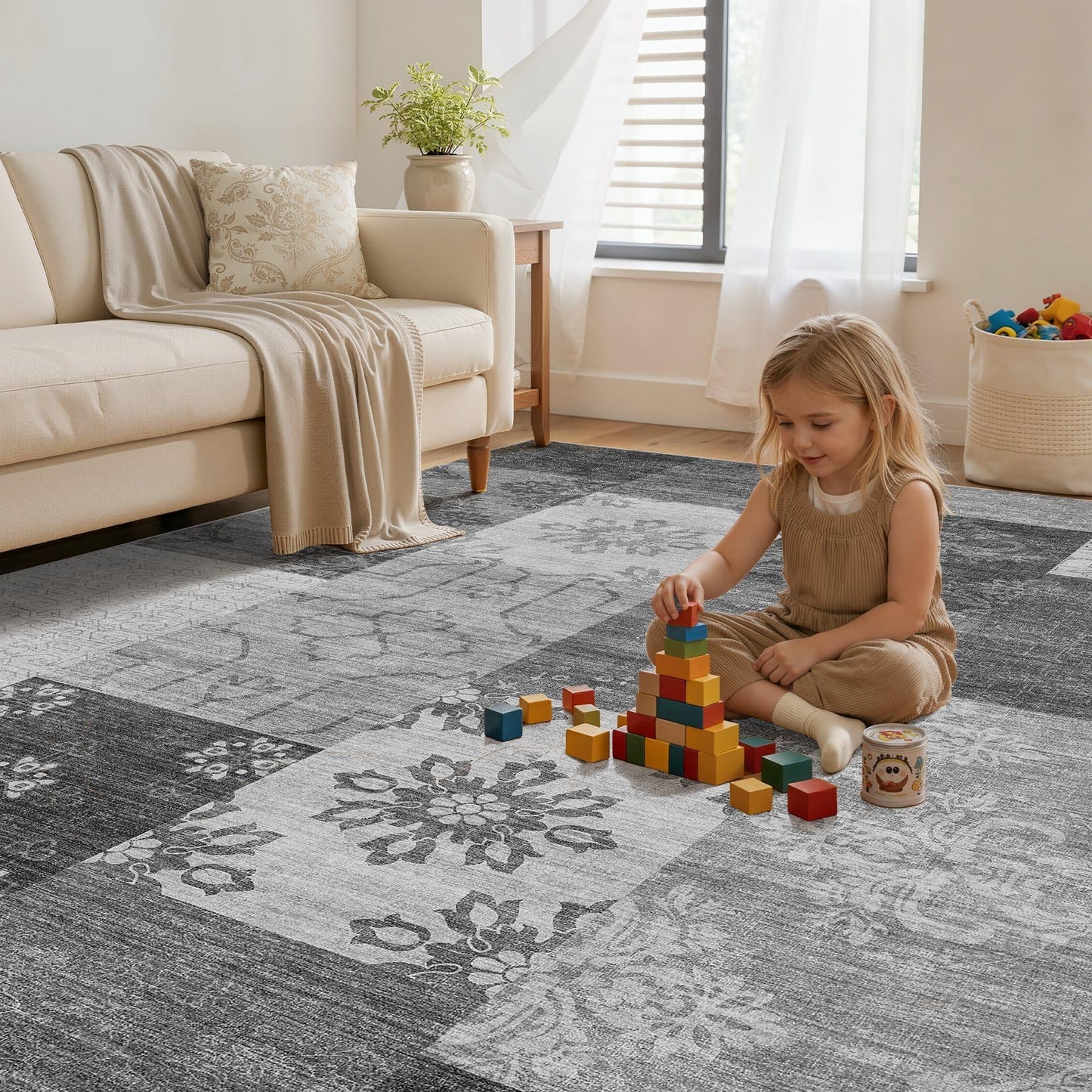 UERMEI 8x10 Area Rug Washable, Gray Modern Geometric Rugs for Living Room, Non-Slip Patchwork Carpet, Stain Resistant Low-Pile Foldable Rug for Bedroom Dining Room