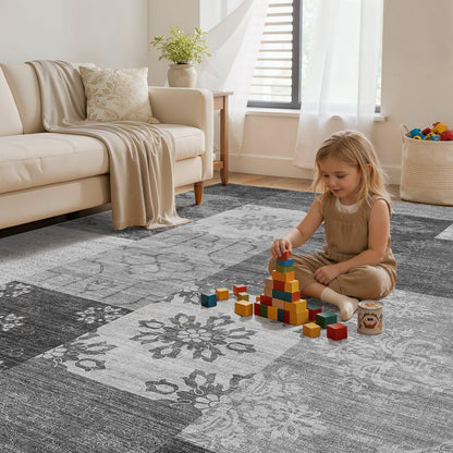 UERMEI 8x10 Area Rug Washable, Gray Modern Geometric Rugs for Living Room, Non-Slip Patchwork Carpet, Stain Resistant Low-Pile Foldable Rug for Bedroom Dining Room