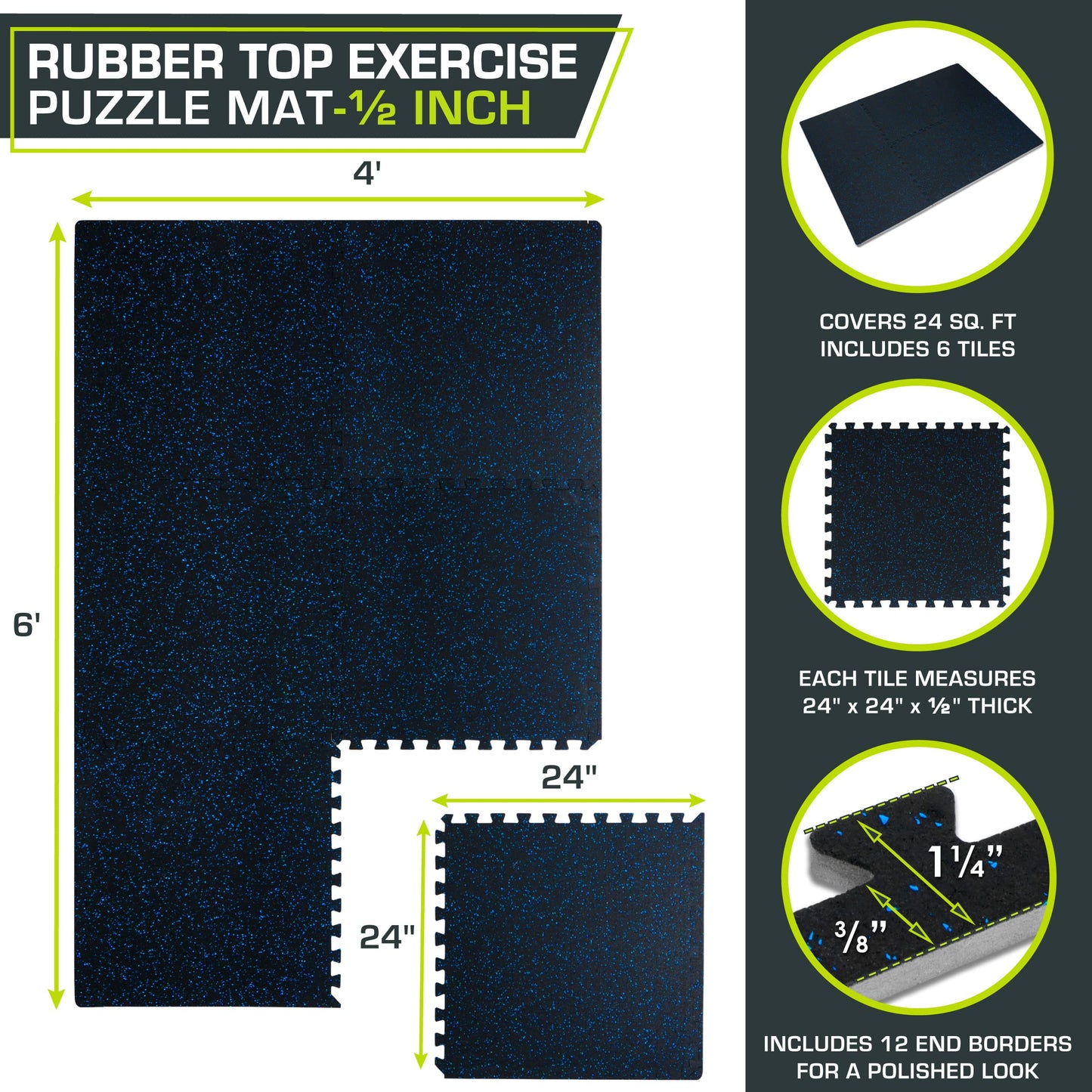 ProsourceFit Rubber Top Exercise Puzzle Mat ½-inch, EVA Foam, Protective Interlocking Tiles for Home Gym Equipment and Workouts; Blue, 24 SQ FT, 6 Tiles