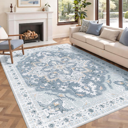 TTelephant 6x9 Area Rugs for Living Room, Soft Non-Slip Vintage Medallion Rug, Low-Pile Printed Washable Blue Gray Rug for Living Room, Bedroom, Dining Room, Nursery -Blue/Gray