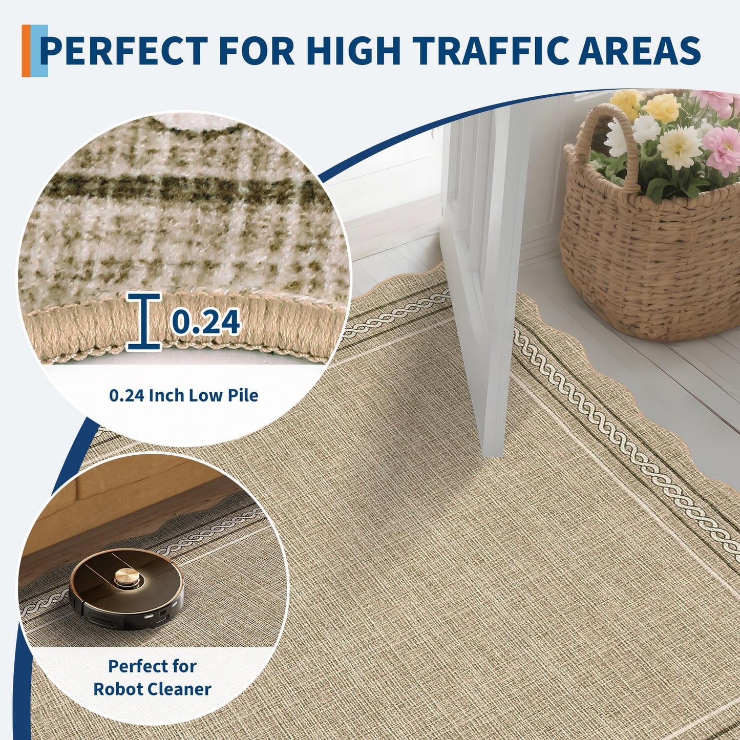 Garvee Scalloped Washable 5x7 Area Rugs for Living Room, Non Slip Neutral Bordered Soft Non Shedding Bedroom Rugs Foldable Low Pile Stain Resistant Carpet for Playroom Nursery Dining Room, Jute Color