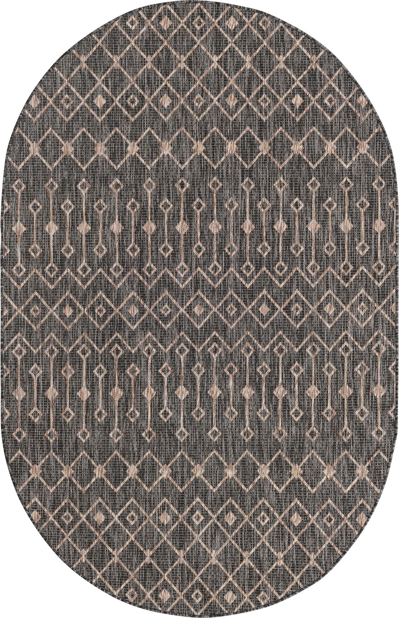 Unique Loom Outdoor Trellis Collection Area Rug - Tribal Trellis (5' 3" x 8' Oval, Charcoal Gray/ Natural)
