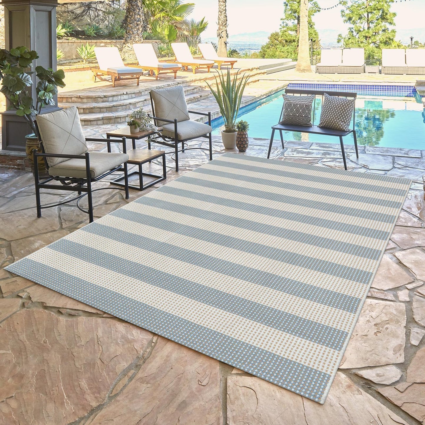 LEEVAN Striped Outdoor Rug 4x6, Washable Front Porch Rug, Spring Plaid Door Mats Outside Entrance, Blue White and Tan Entryway Floor Mat, Buffalo Woven Patio Layered Mat for Entrance/Deck/Camping