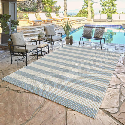LEEVAN Striped Outdoor Rug 4x6, Washable Front Porch Rug, Spring Plaid Door Mats Outside Entrance, Blue White and Tan Entryway Floor Mat, Buffalo Woven Patio Layered Mat for Entrance/Deck/Camping