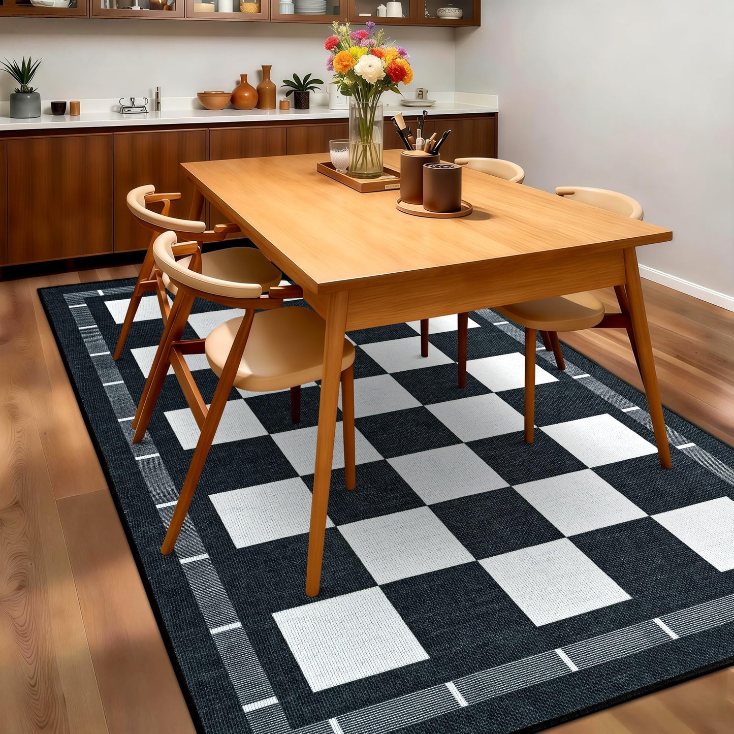 Vasofe Checkered Jute 5x7 Area Rugs, Washable Outdoor Patio Rug for Living Room Indoor Carpet, Non-Slip Farmhouse Geometric Non Slip Carpet for Backyard Dining Room Bedroom, Black and White
