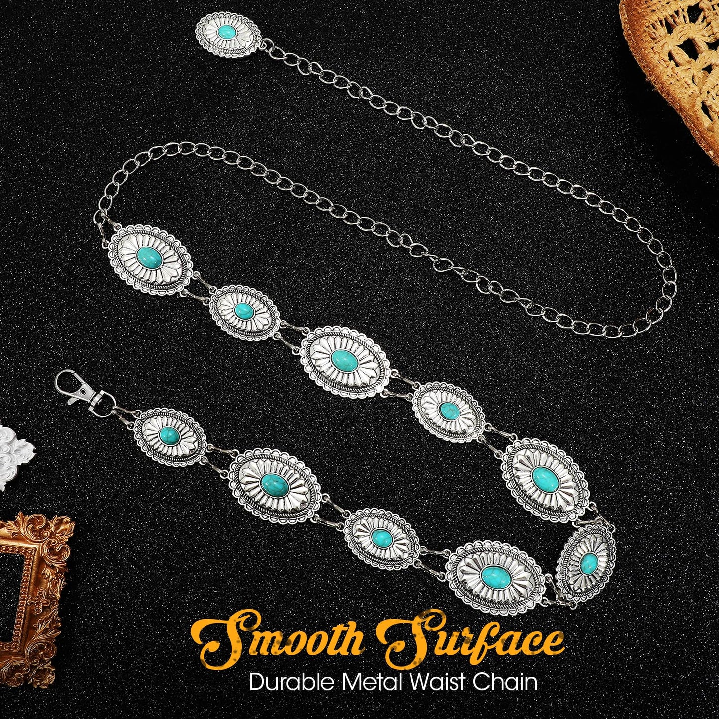 SANSTHS Western Metal Concho Belt for Women, Waist Chain Cowgirl Belt for Dresses Pants Jeans with Silver Chain, green gem S