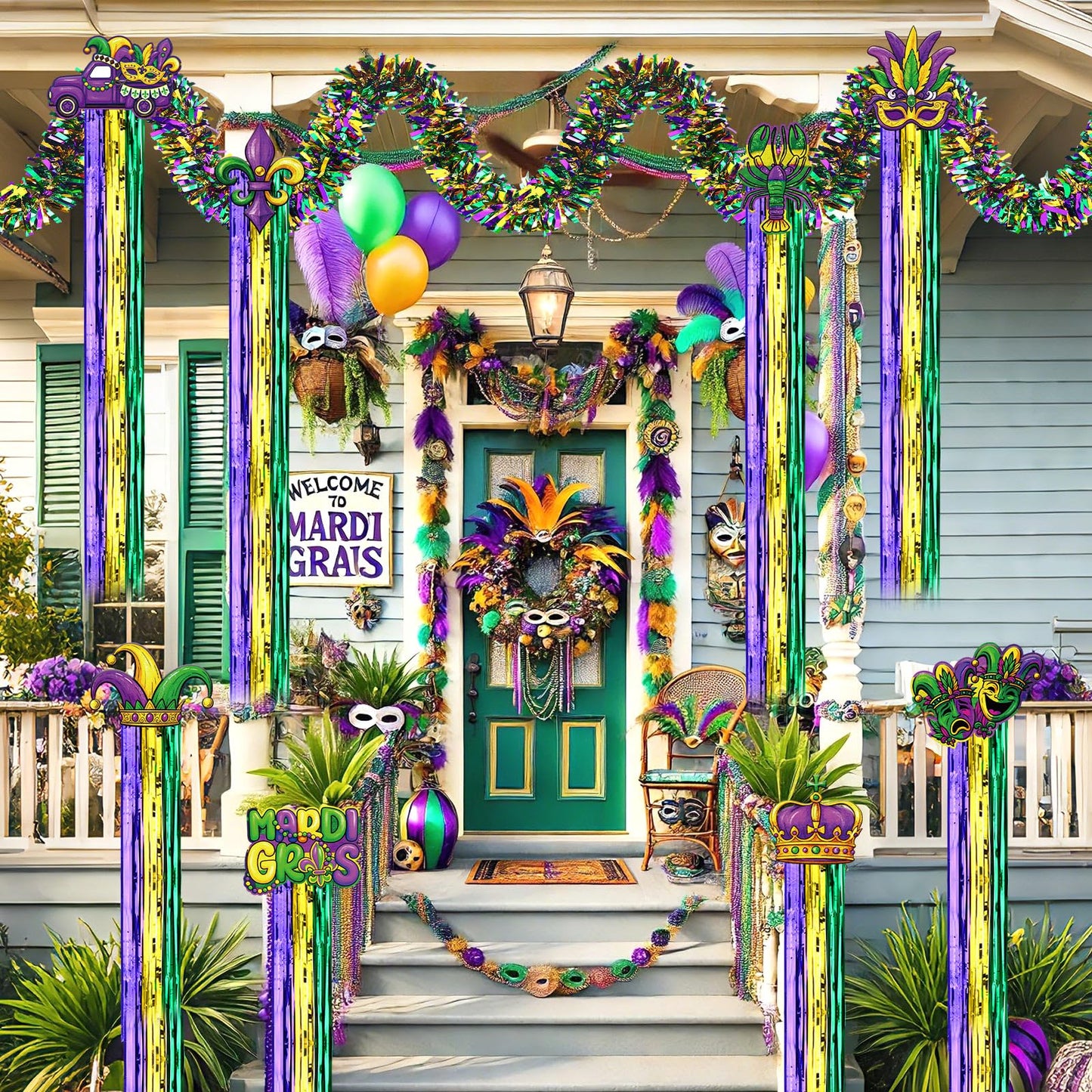 Gemscream 10 Pack Mardi Gras Decorations Set Mardi Gras Party Supplies Includes 8 Pcs Tassel Hanging Swirls and 2 Pcs 6.6ft Garland Hanging Outdoor Decor for Carnival Festival Home Garden Yard Decor
