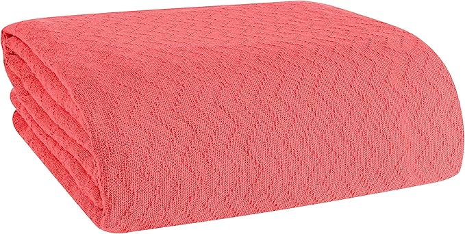 ELVANA HOME BELIZZI Home 100% Cotton Bed Blanket, Breathable Thermal Blanket Twin Size, Soft Chevron Thermal Blanket 60''x90'', Cotton Bed Blanket, Perfect for Layering Any Bed for All Season, Coral
