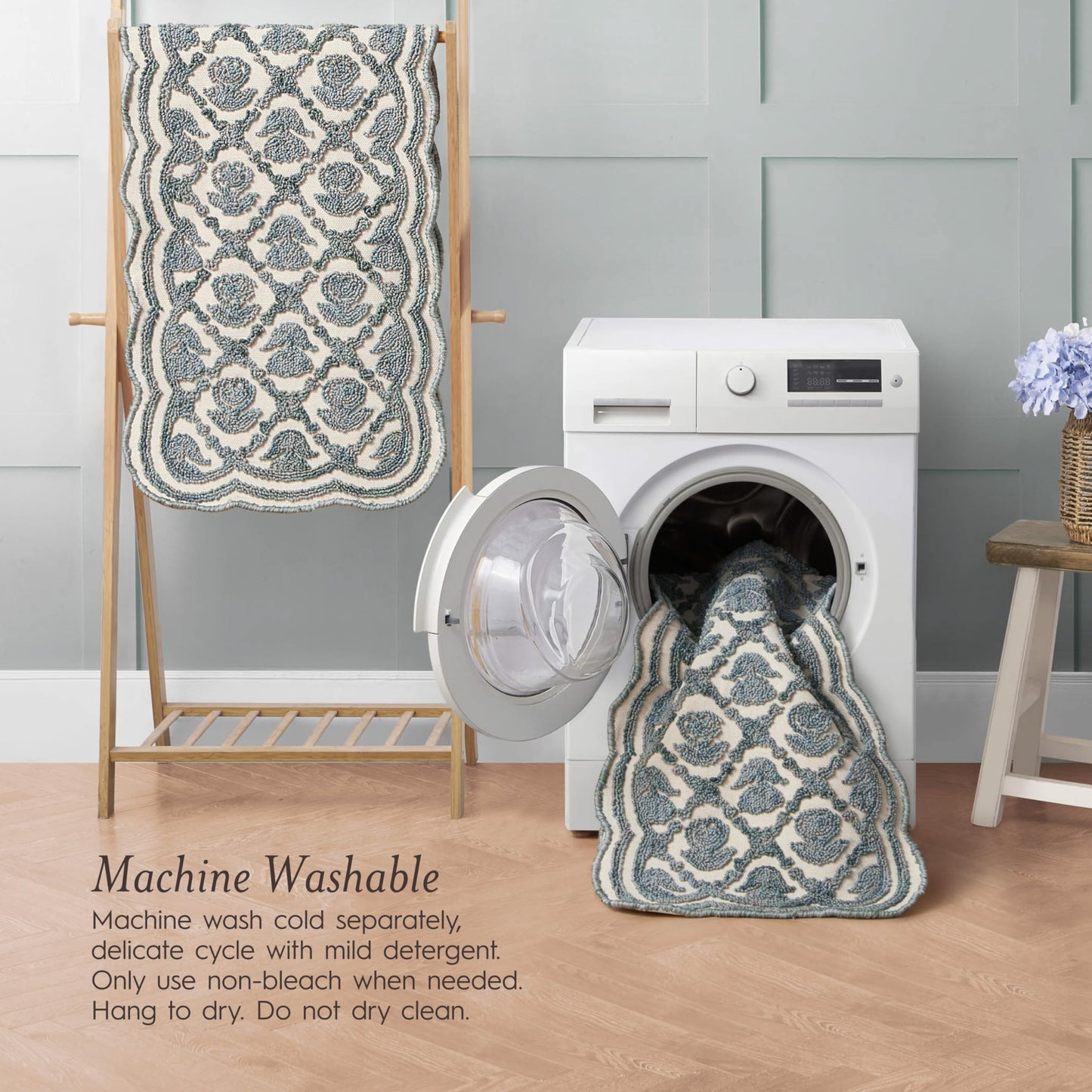 Laura Ashley Washable Scalloped 26" x 45" Teal Tulip Design Skid Resistant Accent Rug - Durable Cotton Blend Indoor Rug