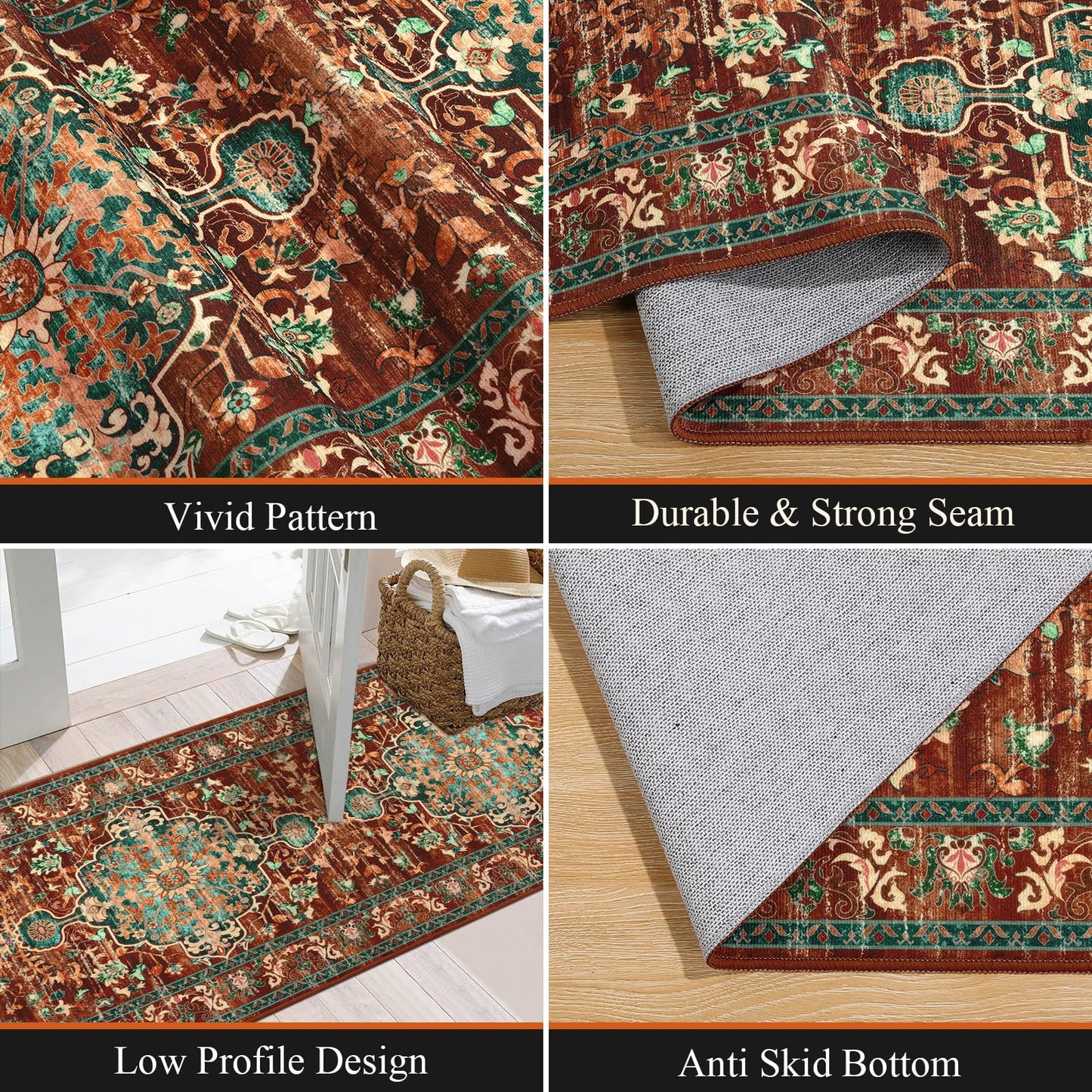 U'Artlines 2' x 8' Boho Hallway Runner Rug, Non Slip Washable Vintage Farmhouse Accent Area Rug Carpet for Kitchen Entryway Laundry and Living Room (Rust＆Teal)