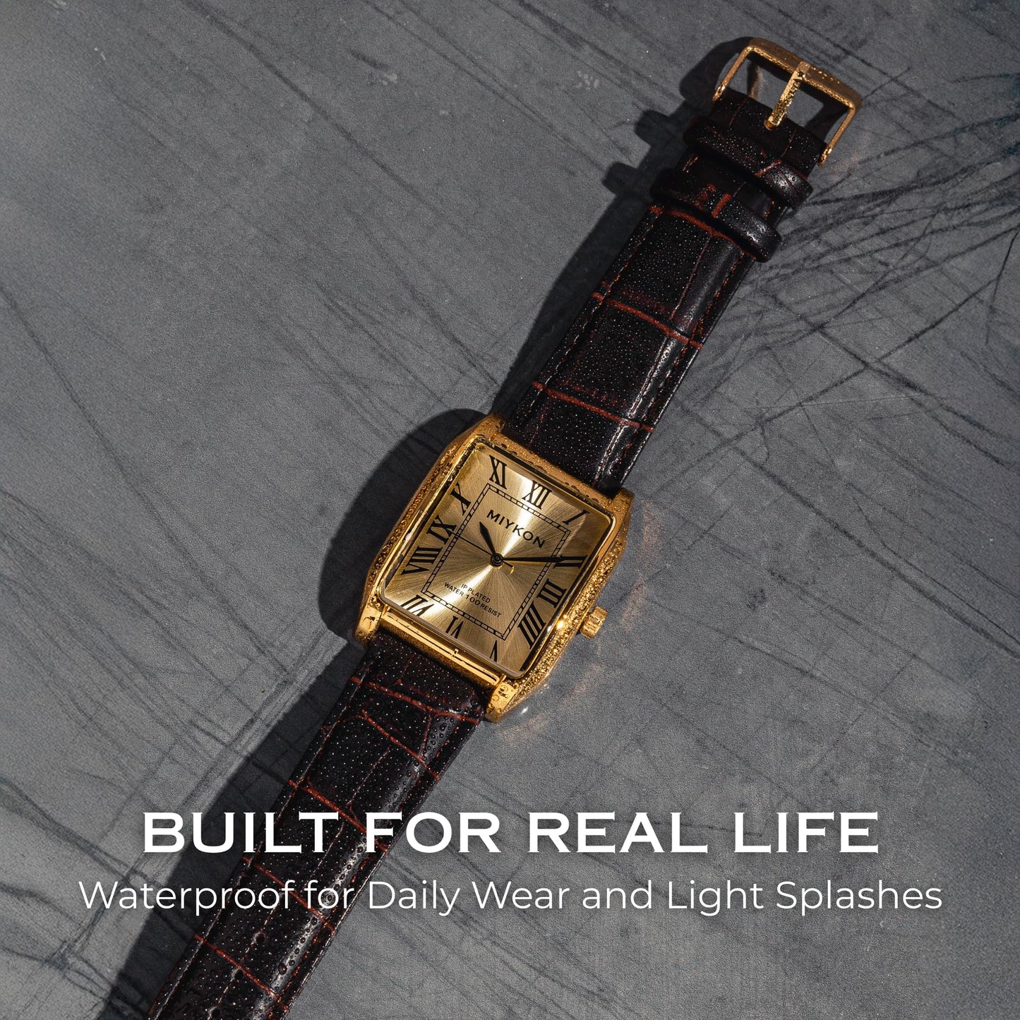 Miykon Vintage Watches for Men - Tank Square Gold Analog Watch with Brown Genuine Leather Wrist Strap for Classic Dress - Japanese Quartz, Waterproof to 100ft