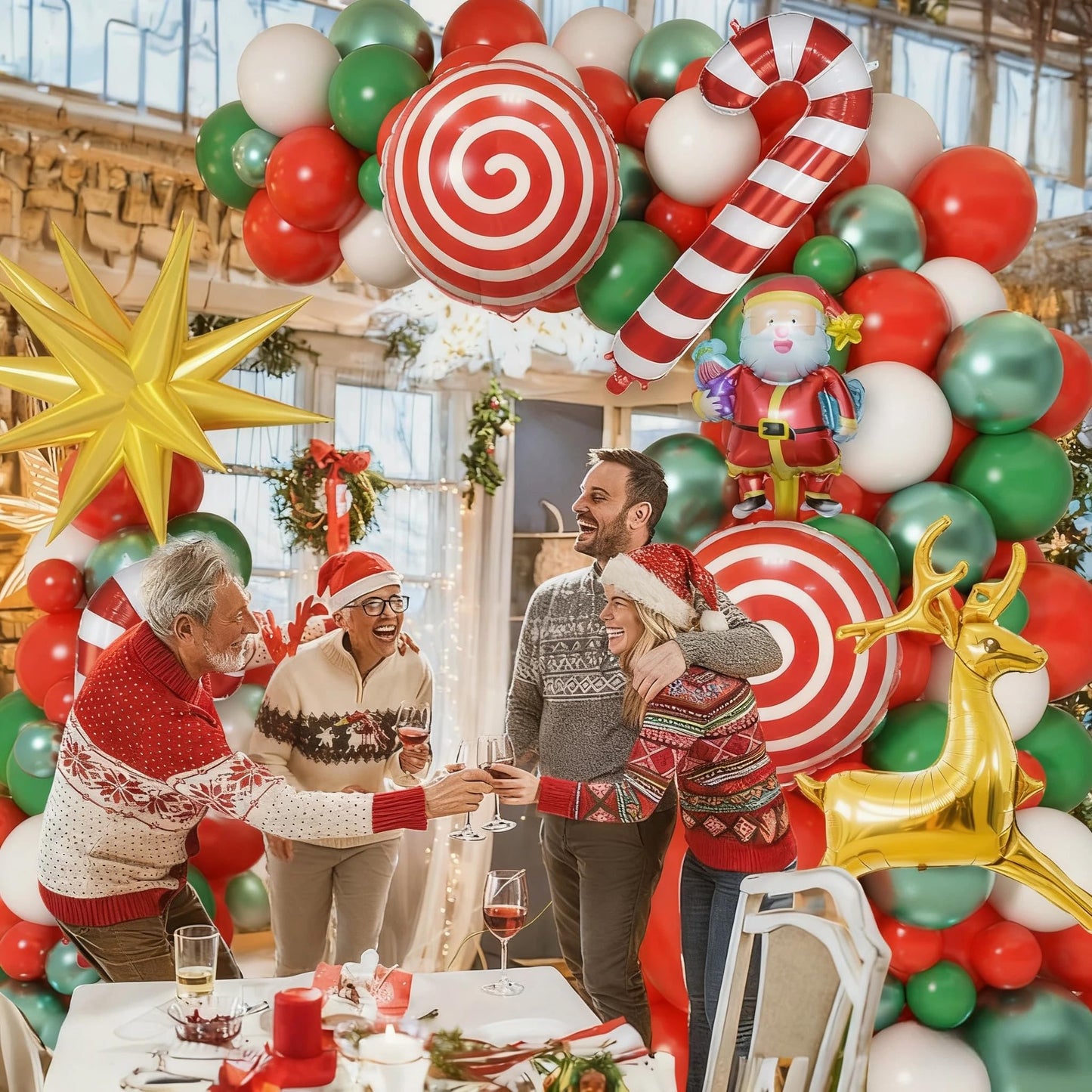Christmas Balloons Garland Arch Kit Red White Green Xmas Decoration Balloon with Candy Gingerbread Elk Santa Claus Merry Christmas Foil Balloons for New Year Winter Holiday Christmas Party Decorations