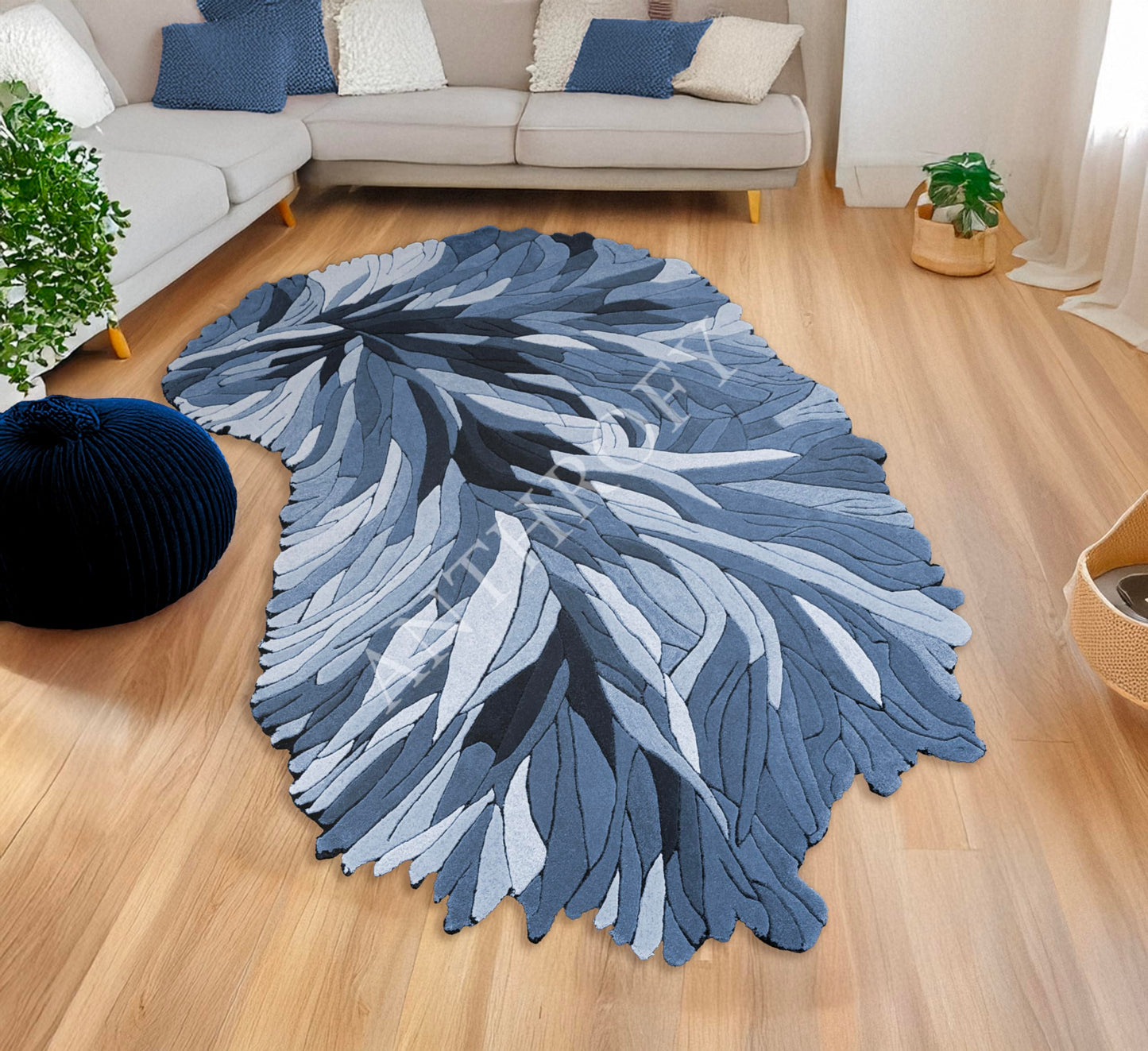 Anthrofy Irregular Shape Wool Area Rug – 3’ x 5' – Blue Color Handmade Unique Contemporary Botanical Design – Thick & Soft Rugs for Living Room, Bedroom