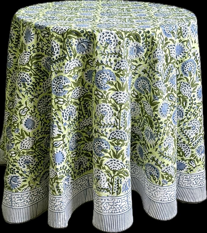 ATOSII Amara 100% Cotton Round Summer Tablecloth, Handblock Print Floral Table Cloth for Kitchen Dining Linen I Parties, Weddings, Outdoors I Grand Millennial Farmhouse Home Decor 72" Inches Round