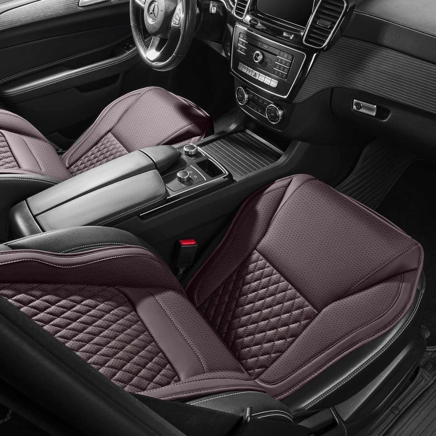 AuraSettle Premium Perforated Napa Leather Car Seat Covers Semi Universal Fit with Lumbar Support, Storage Bag for SUV Sedan Truck (Coffee Brown, Front Row Two Seats)