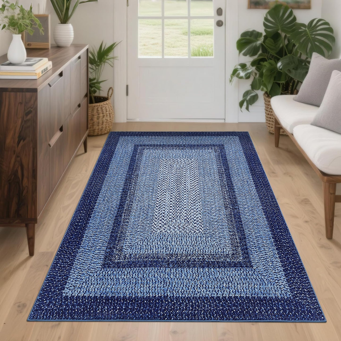 Garvee Printed Rug (Not Woven!) 4x6 Washable Entryway Rug Bedroom Rugs with Non Slip Rubber Backing, Farmhouse Braided Pattern Soft Low Pile Rustic Accent Rugs for Entrance Living Room Home Decor