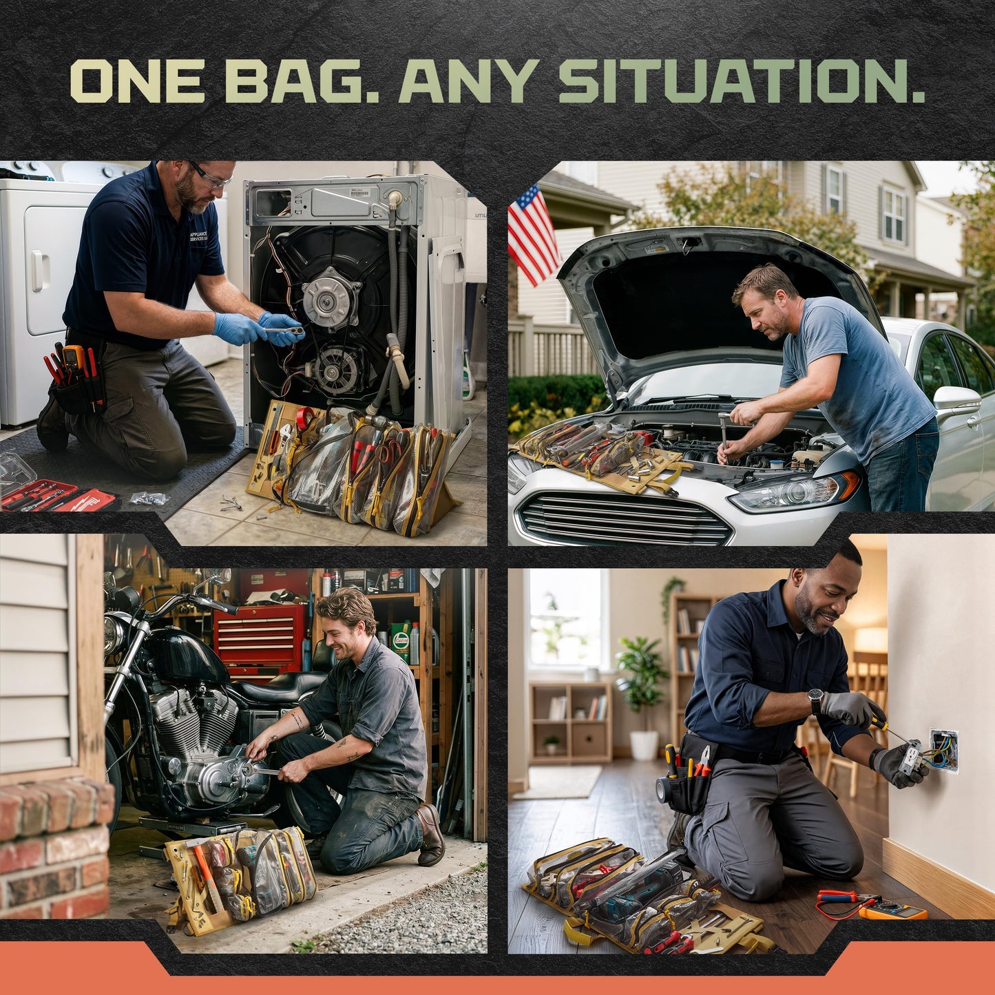 Myolnir Roll Up Tool Bag Organizer With Kickstand - Full-Size 25" Heavy Duty Tool Roll Bag - Portable Rollup Toolbag With Magnetic Panels & Transparent Pockets - Mechanic, Electrician & Tradesperson