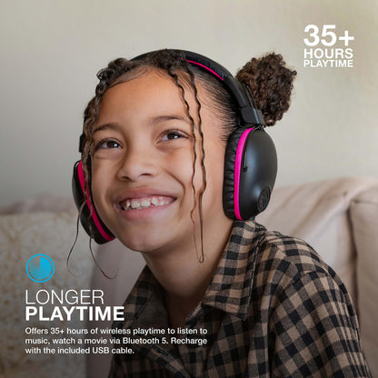 JLab JBuddies Pro Wireless Over-Ear Kids Headphones, 35+ Hour Battery Life, Built-in Volume Regulators for Safety, Share Mode, Folding, Adjustable, Noise Isolation, with Mic, Pink