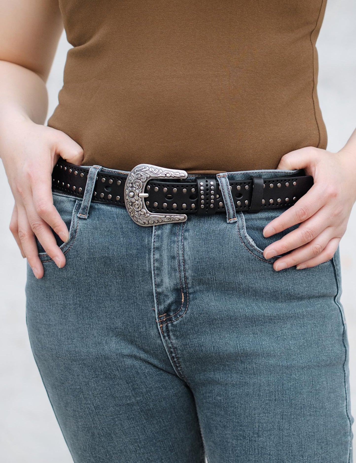 Womens Western Leather Belts 35mm Studded Belt with Vintage Silver Buckle