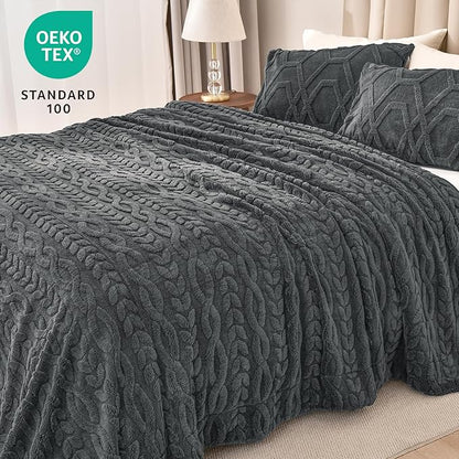 PHF Fluffy Sherpa Blanket Queen Size for Winter, Warm and Soft, 510GSM 3D Jacquard Thick Shaggy Fleece Plush Blanket for Sofa Bed, Dark Grey, 90"x90"
