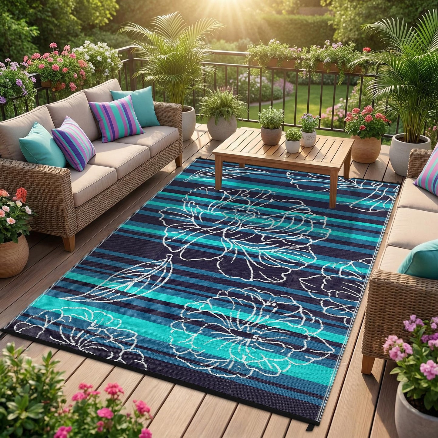 Garvee 5x8 Outdoor Waterproof Rug, Floral Outdoor Area Rug，Reversible Plastic Straw Patio Rug, Portable Camping Mat for RV, Picnic, Beach, Balcony, Garden & Camping Black&Blue