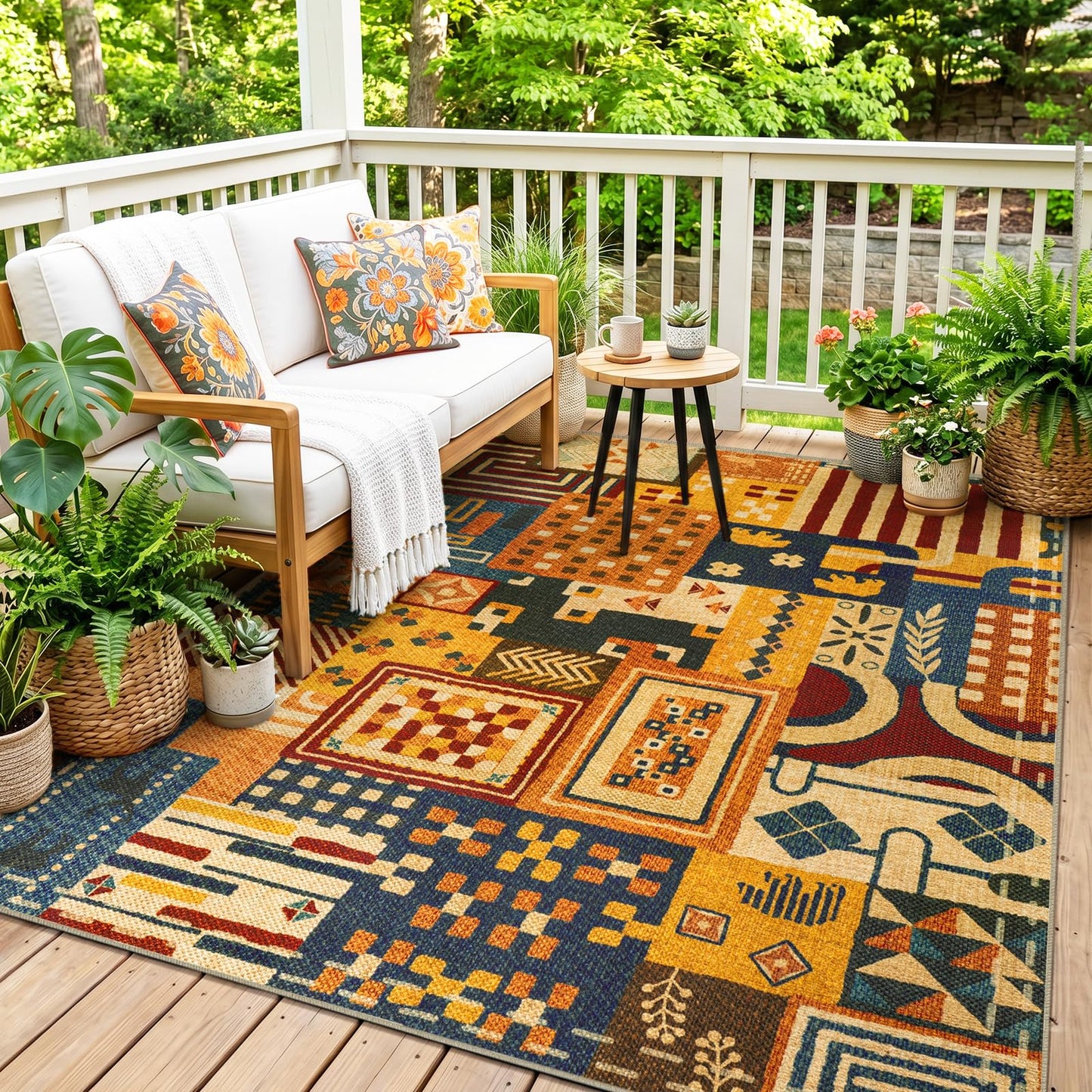 Quntue Washable Boho Easy Jute Area Rug for Living Room, 5x7 Farmhouse Patchwork Patio Rugs, Non Slip Southwestern Tan Indoor Outdoor Carpet for Balcony, Dining, Bedroom, Office, Balcony