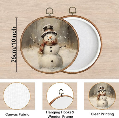 KSDUT Vintage Winter Wall Art Decor - Retro Christmas Snowy Wall Art Canvas Frame Hanging Prints, Snowman Holiday Landscape Round Wall Art Decor for Home Farmhouse Decorations 10"x10"