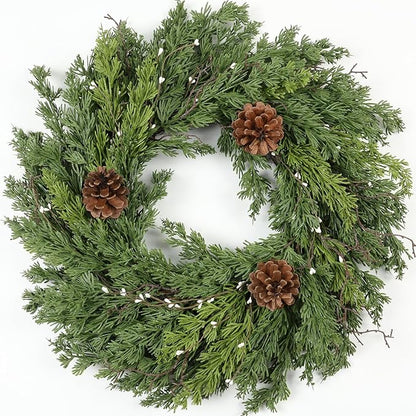 Artgar 24 Inch Christmas Cypress Wreath, Christmas Wreath for Front Door, Real Touch Pine Wreath Artificial Green Cedar Wreaths with Pine Cones for Wall Window Porch Indoor Outdoor Winter Decor