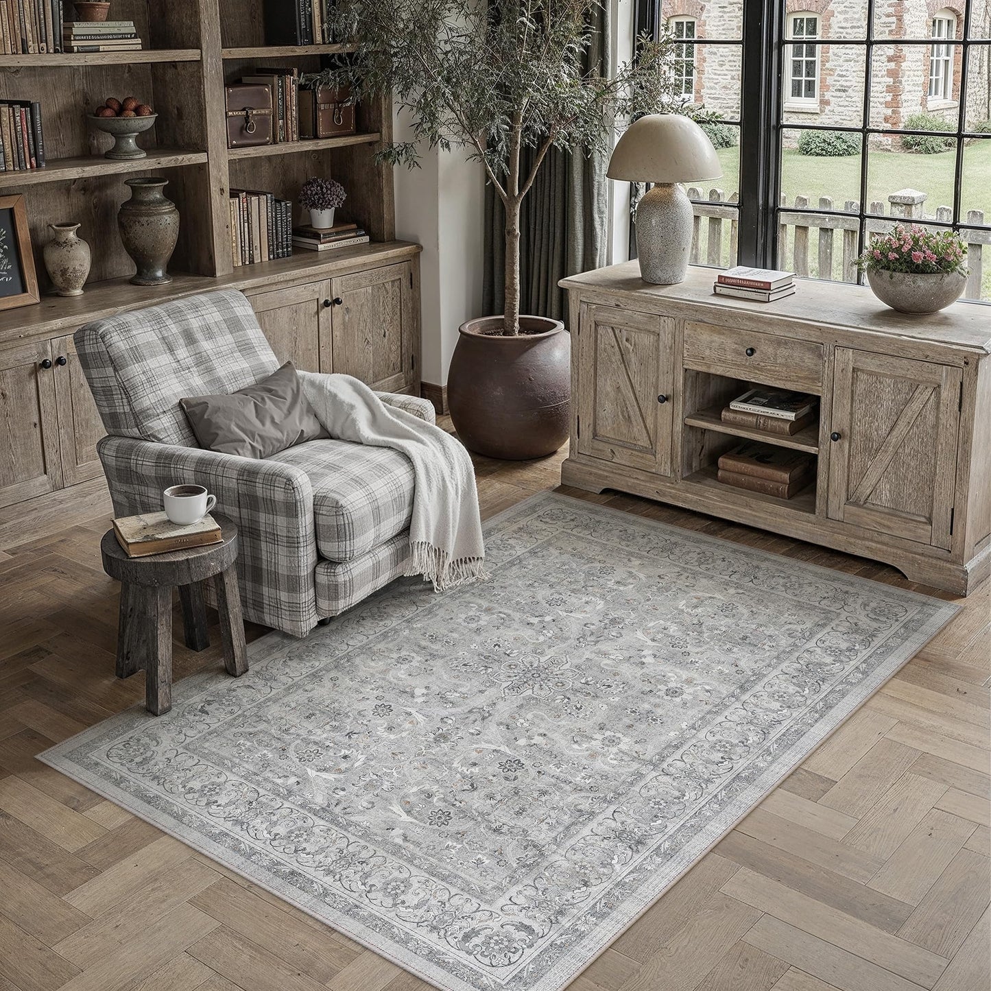 PureCozy Gray 3x5 Area Rug Entryway Washable Vintage Carpet Office Small Indoor Non Slip Soft Low Pile Thin Stain Resistant Distressed Accent Throw Rug for Entrance Bedroom Dining Living Room
