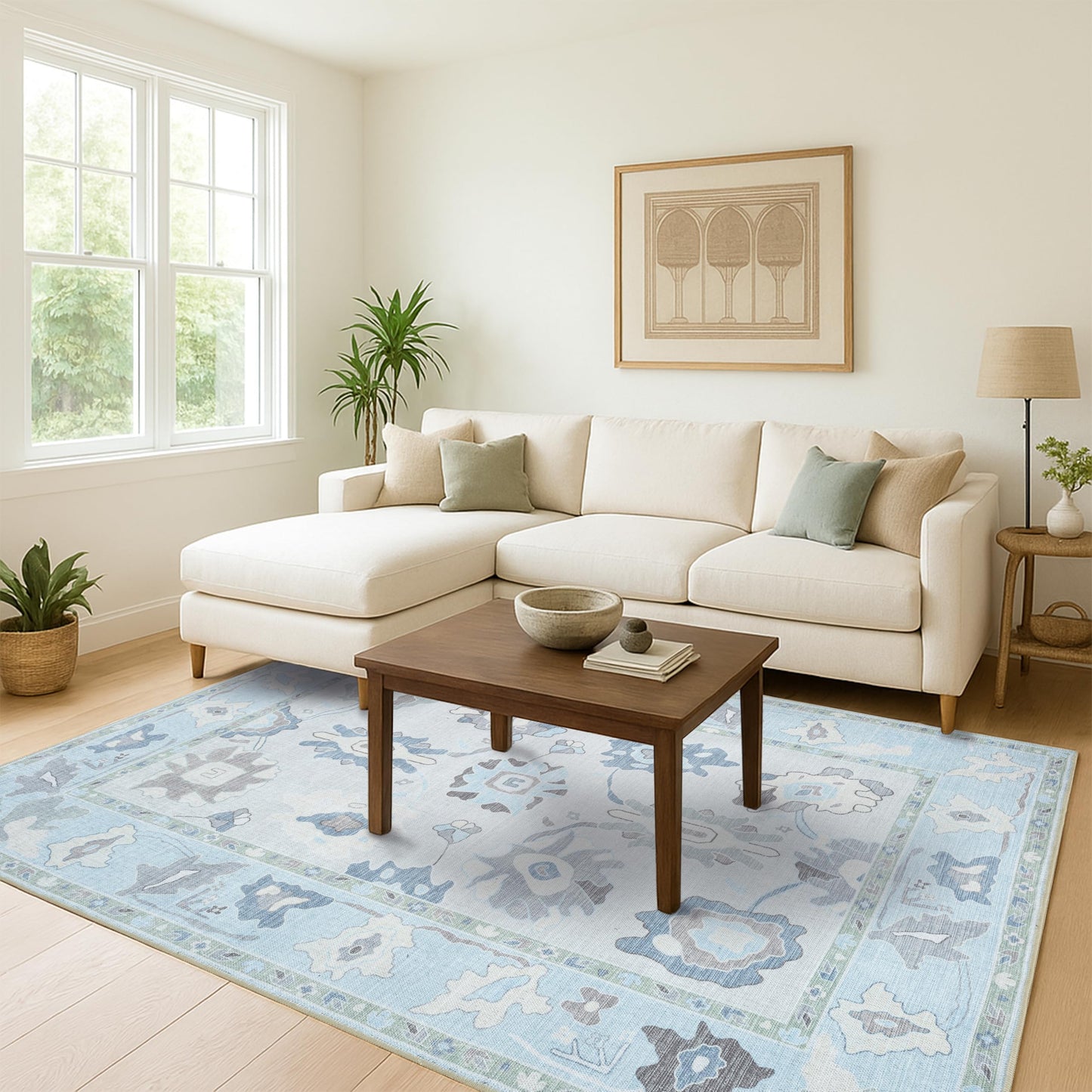 Fame Living Cream Blue Oushak Rug, Modern, Vintage, Turkish, Eclectic, Floral, Pastel, Washable, Large Area Rugs for Living Room, Dining, Bedroom, Girls, Boys, 7'5"x9'8"