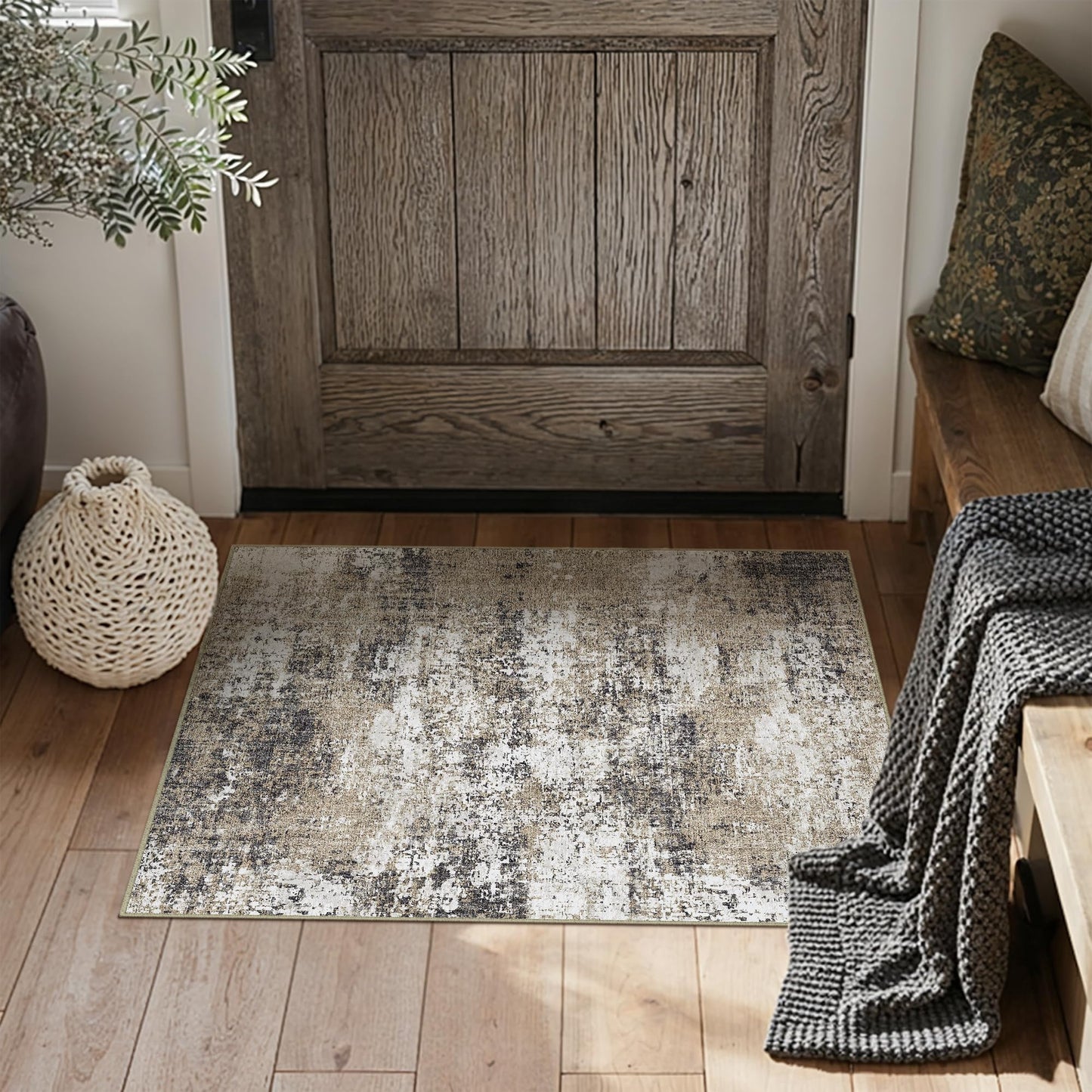 PureCozy 2x3 Abstract Area Rug Brown Washable Modern Entryway Carpet Non Slip Soft Neutral Low Pile Door Mat Contemporary Small Throw Rug for Bathroom Laundry Kitchen Dining Room