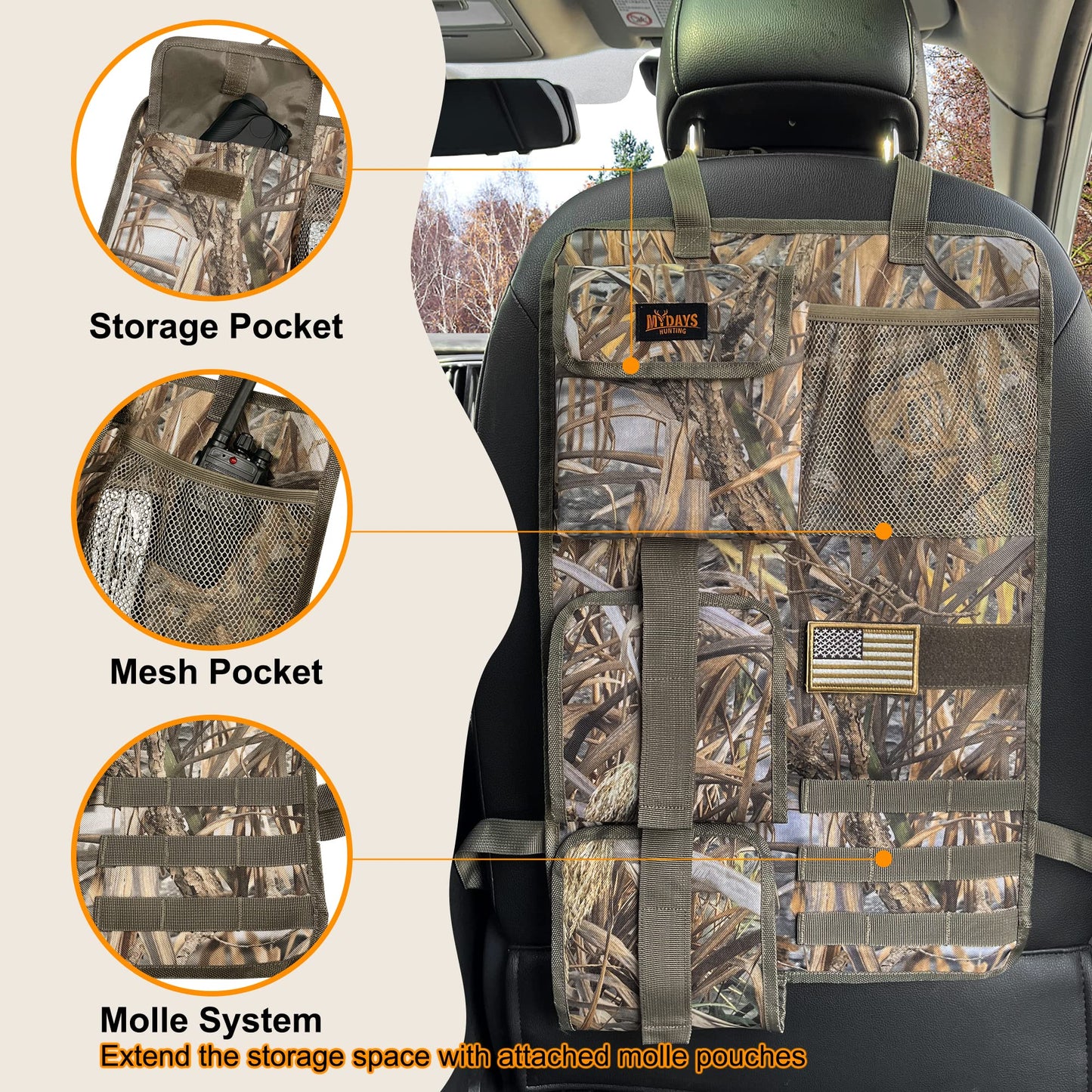MYDAYS 2 Pack Tactical Seat Back & Front Seat Gun Organizer with Molle Panel Vehicle Gun Holders for Hunting Rifles & Shotguns (Camo)