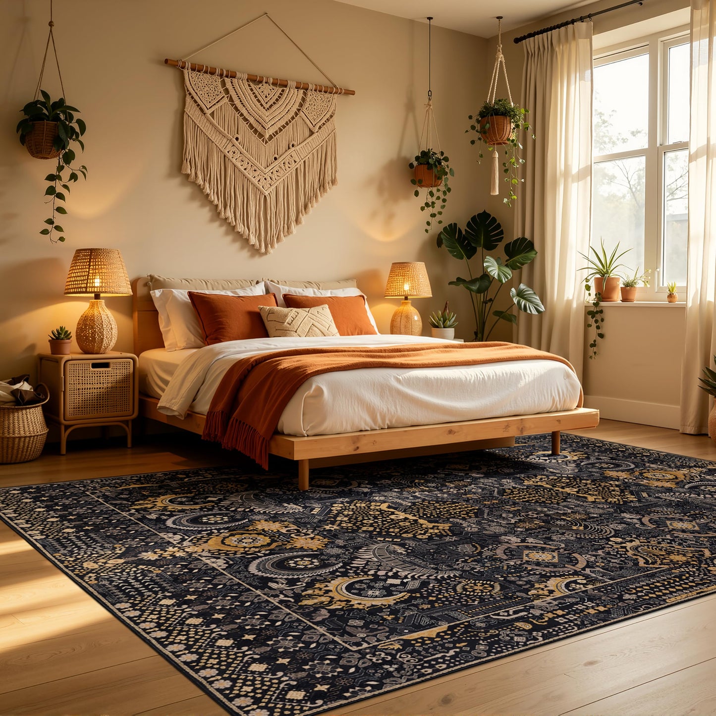 Ruaruarug Area Rug 8'×10', Non Slip Machine Washable Ultra Soft Stain & Fade Resistant, Pet & Kids Friendly, for Living Room/Bedroom/Kitchen/Classroom, Black Gold