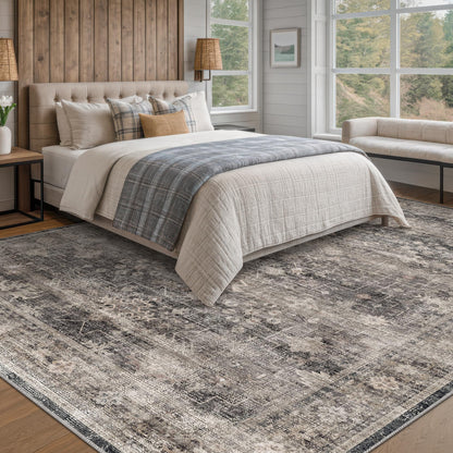 Modern 8x10 Charcoal and Beige Area Rug for Living Room, Washable Farmhouse Boho Rug for Bedroom, Distressed Oriental Geometric Design, Stain Resistant Low Pile Non-Slip Ultra Soft, Moody Décor