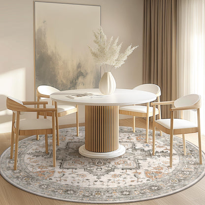 GENIMO 5FT Round Area Rugs for Living Room, Circle Rugs Machine Washable Low Pile, Non Slip Vintage Rug for Bedroom, Dining Room, Home Office, Light Taupe Brown