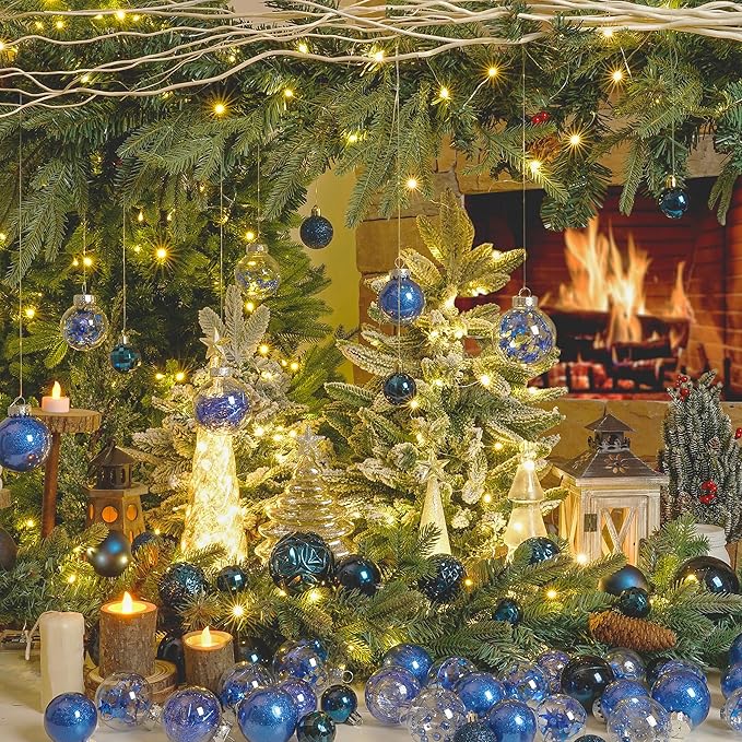 XmasExp 32ct Christmas Ball Ornaments Set -Blue Clear Plastic Shatterproof Xmas Tree Ball Decorations Hanging Baubles for Holiday Decor